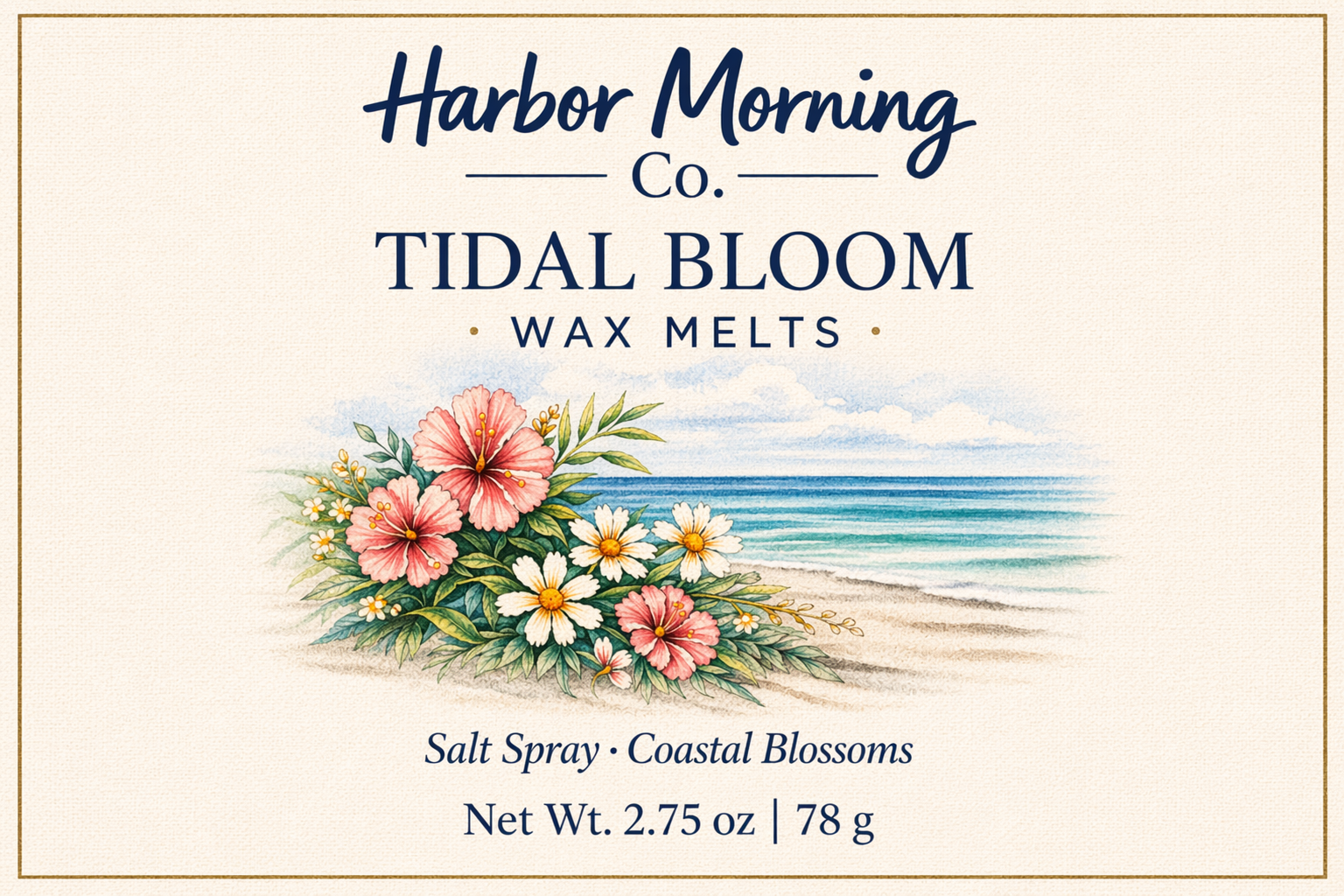 Harbor Morning Co. Tidal Bloom coastal wax melt label featuring a beach and ocean scene with coastal wildflowers