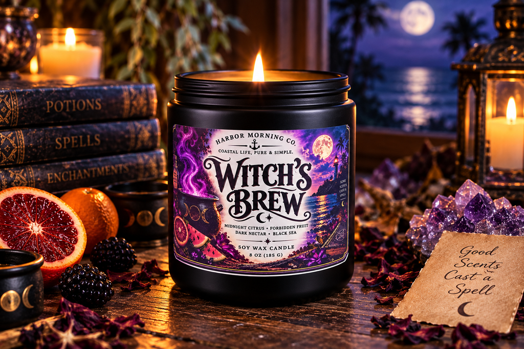 Witch's Brew 8 oz soy candle by Harbor Morning Co. in a moody coastal Halloween setting