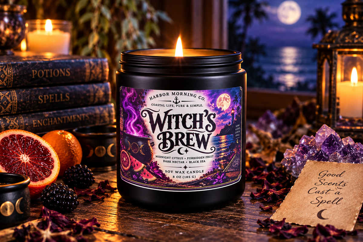 Witch's Brew 8 oz soy candle by Harbor Morning Co. in a moody coastal Halloween setting