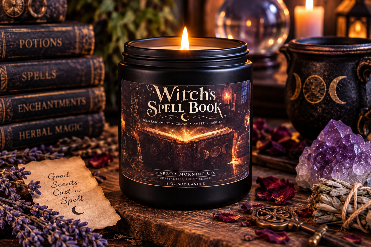 Witch's Spell Book 8 oz soy candle by Harbor Morning Co. in a candlelit library setting
