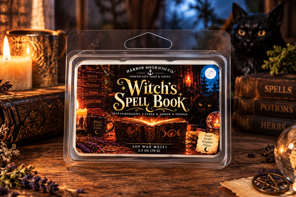 Witch's Spell Book wax melts in a candlelit witchy library setting